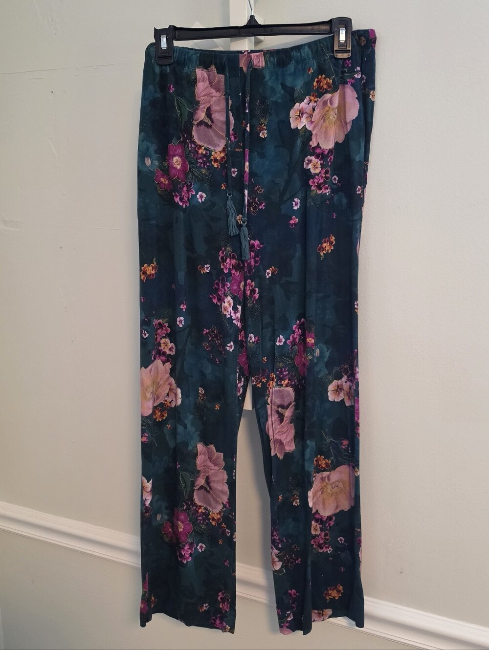 Soma Cool Nights Teal Floral Pajama Pants Drawstring Medium, Lounge & Pockets!